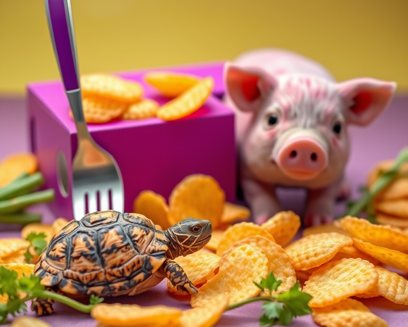 purple, fork, box, potato chip, tortoise, pig